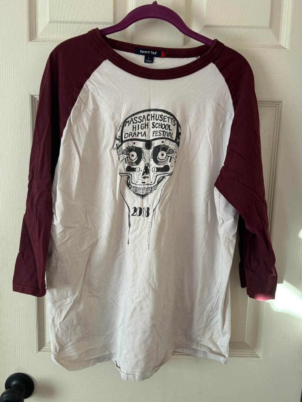 Sport-Tek White Tee with Maroon Raglan Sleeves and Skull Graphic